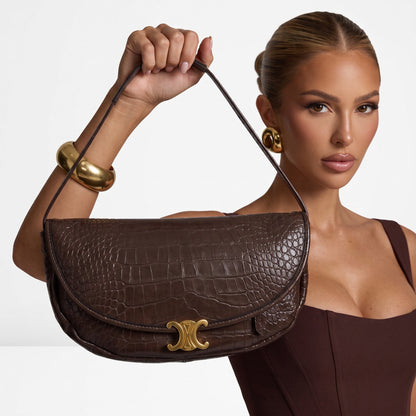 Celine Croc Triomphe Little Halfmoon Bag — Brown