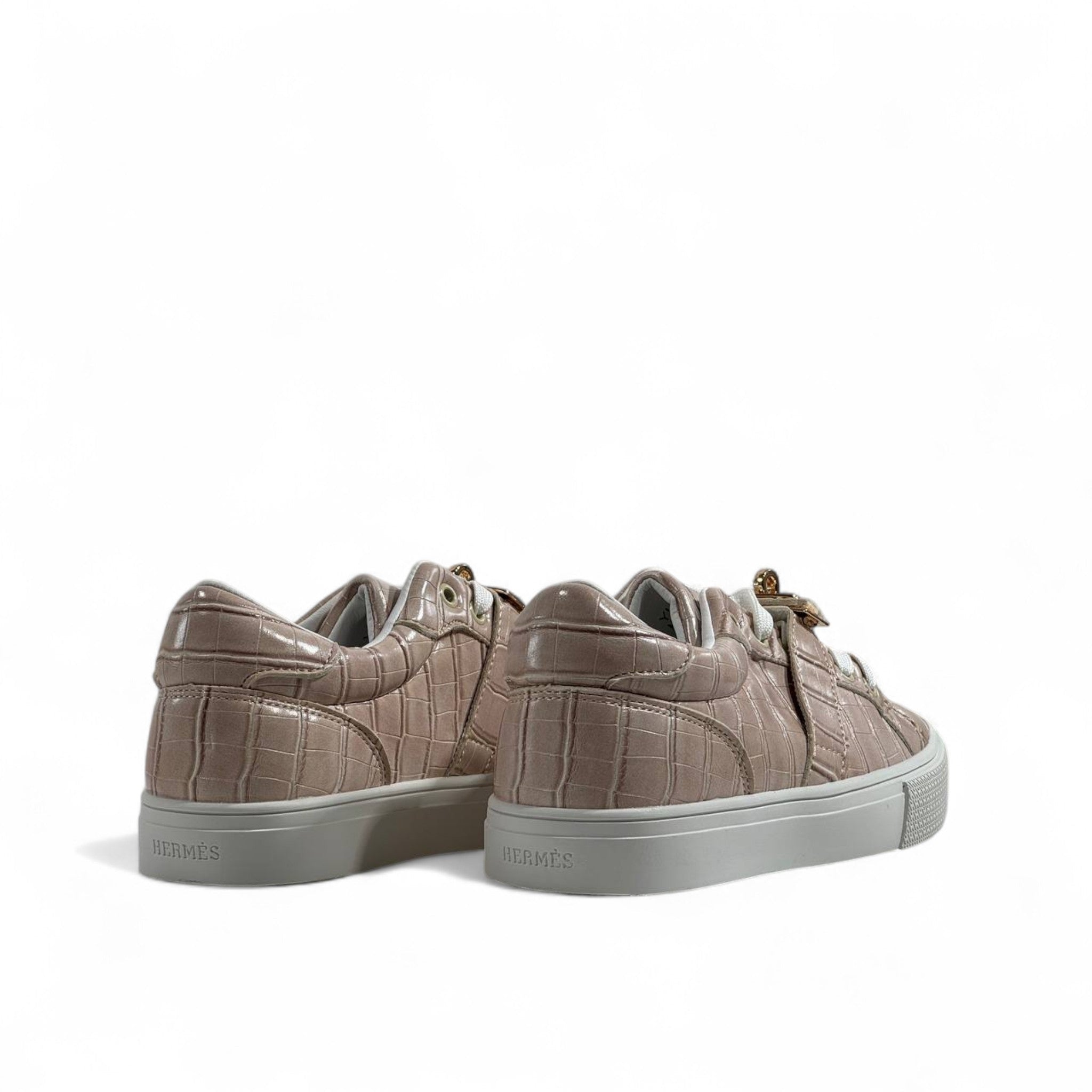 Hermès Beige Croc-Embossed Sneakers with Gold Lock 🤍✨