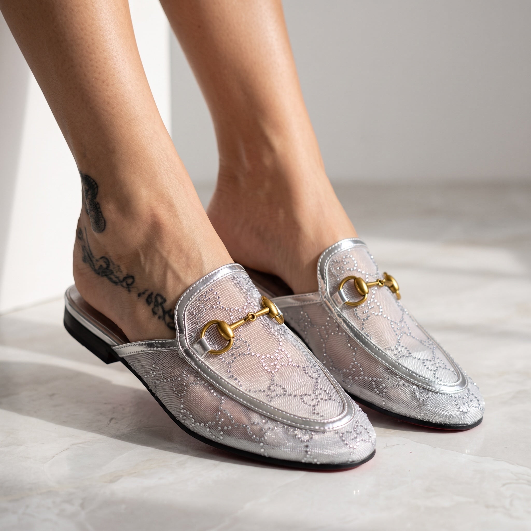 Gucci Mesh Horsebit Mule – Silver Slip-On ✨