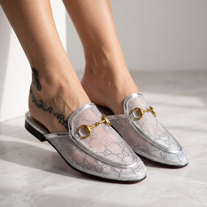 Gucci Mesh Horsebit Mule – Silver Slip-On ✨