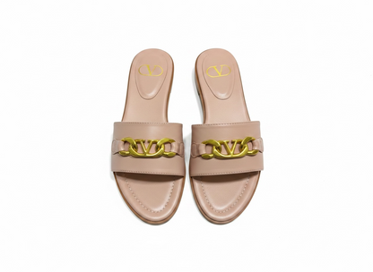 Valentino VLogo Nude Leather Slides 🤍✨ Premium Gold Chain