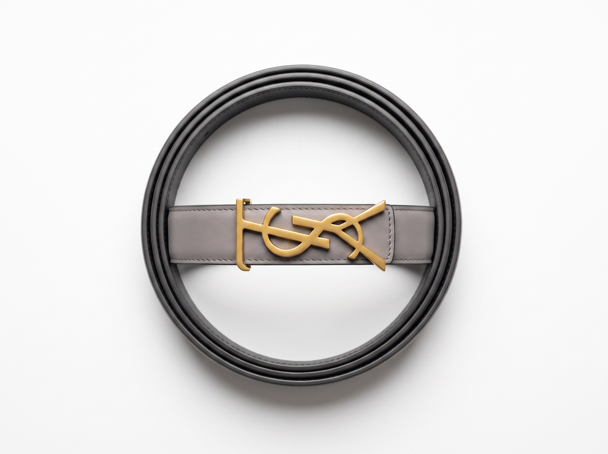 ✨ Yves Saint Laurent Grey Leather Belt with Gold Logo Buckle 110 cm