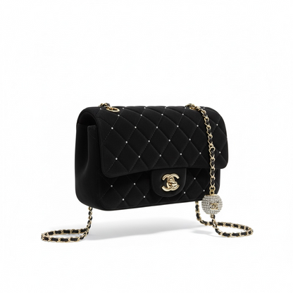 Chanel Crystal Quilted Flap Bag – Black Velvet & Gold ✨🖤