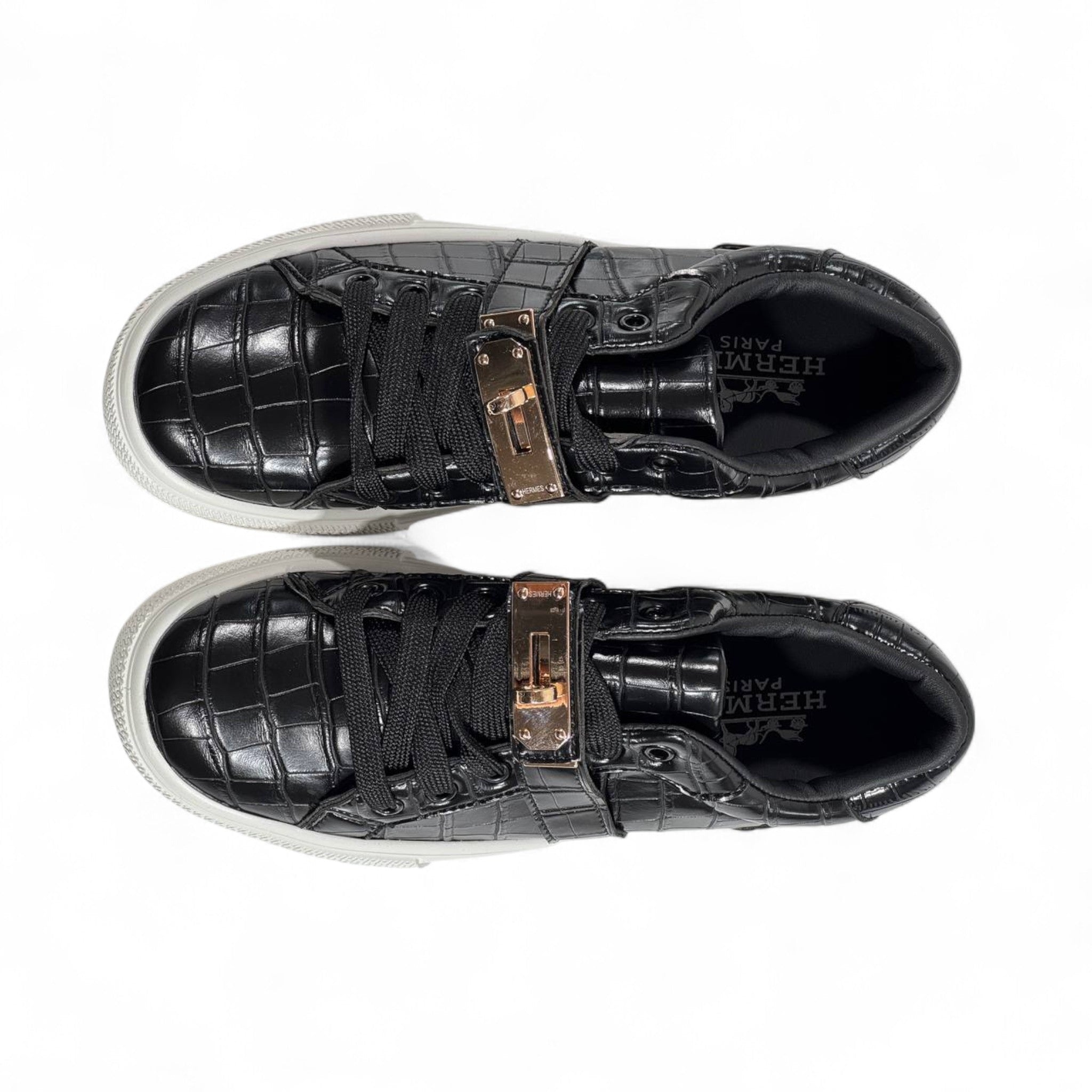 Hermès Black Croc-Embossed Luxury Sneakers with Gold Hardware ✨👟