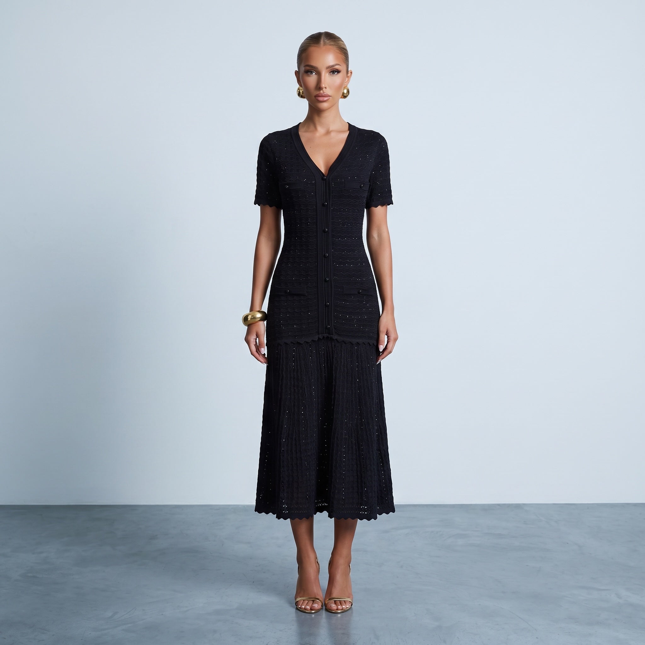 Sandro diane rhinestone Knit Midi Dress – Black ✨