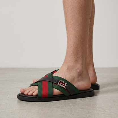 Gucci Green & Red Cross Strap SLIDE– Luxury Designer Summer Slides 💚❤️✨