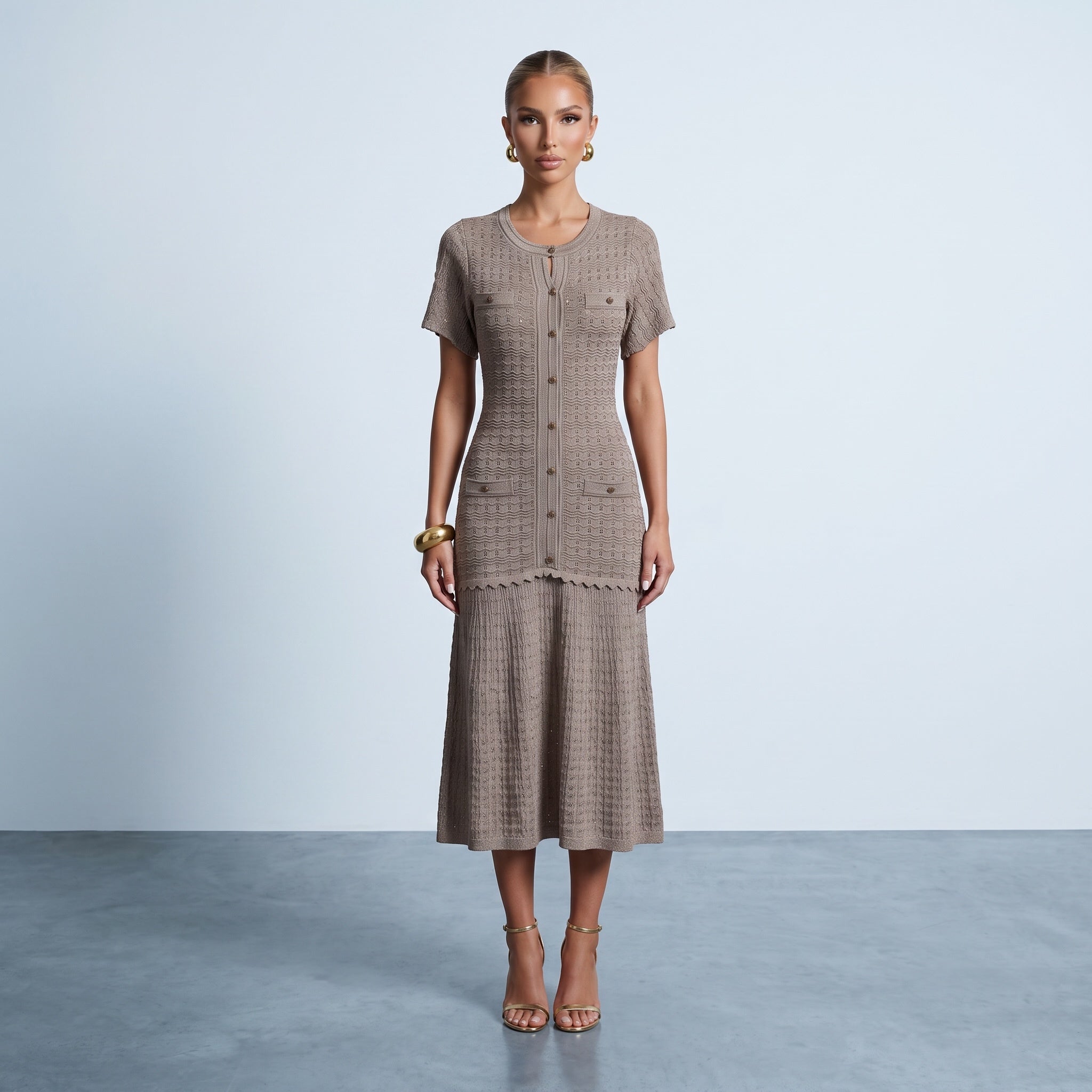 Sandro diane rhinestone Knit Dress – Taupe Pointelle Midi ✨👗