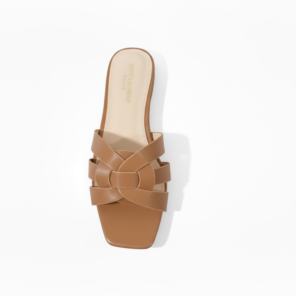 SAINT LAURENT Interlaced Leather Slides – Tan 🤎✨ | Everyday Luxury Essential