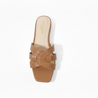 SAINT LAURENT Interlaced Leather Slides – Tan 🤎✨ | Everyday Luxury Essential