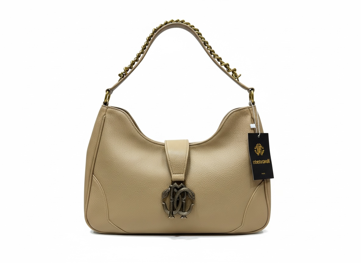 ROBERTO CAVALLI RC Monogram Shoulder Bag – Beige 🤍✨ | Elegant Everyday Luxury