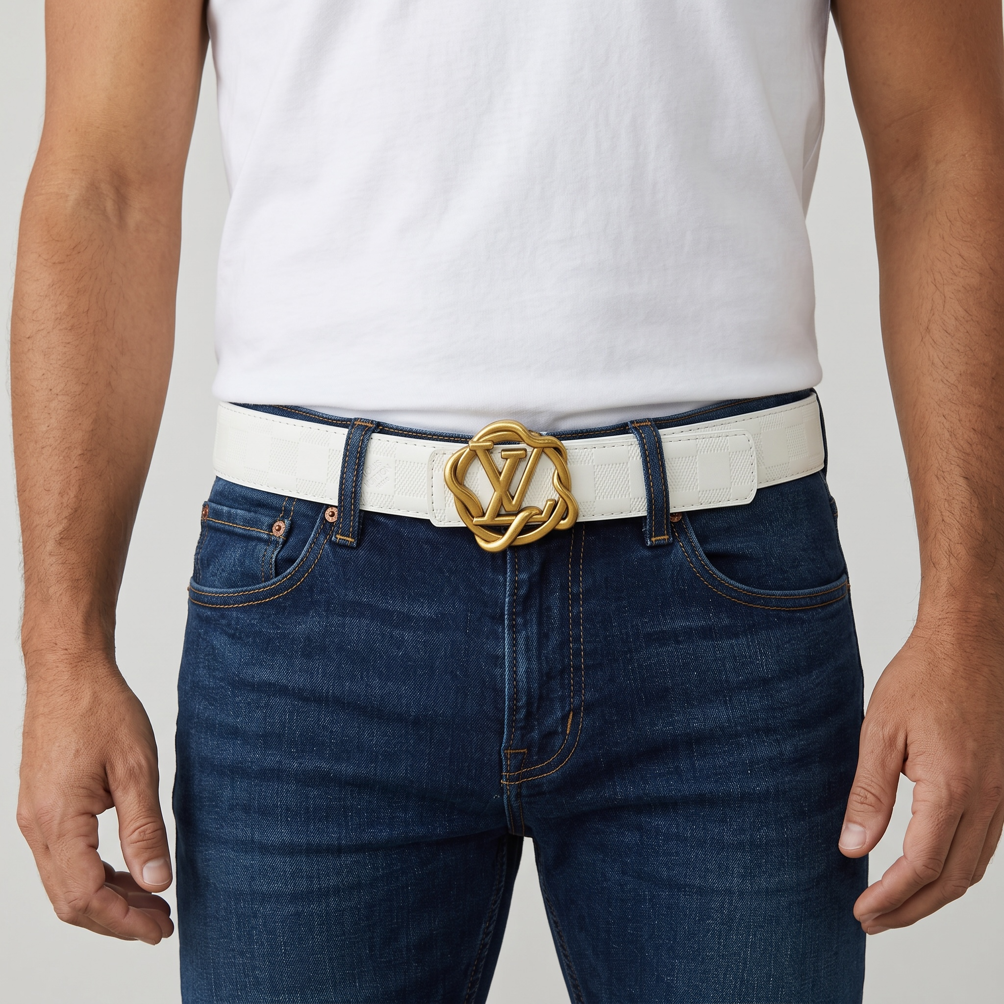 Louis Vuitton White Monogram Belt – Gold LV Buckle ✨ | 115 cm
