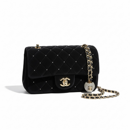 Chanel Crystal Quilted Flap Bag – Black Velvet & Gold ✨🖤