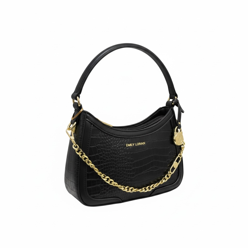EMILY LORAN Croc Shoulder Bag 🖤✨ | Gold Chain Luxury Statement