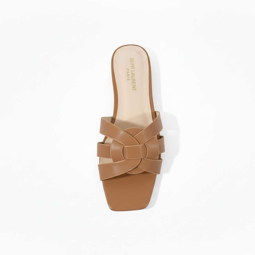 SAINT LAURENT Interlaced Leather Slides – Tan 🤎✨ | Everyday Luxury Essential
