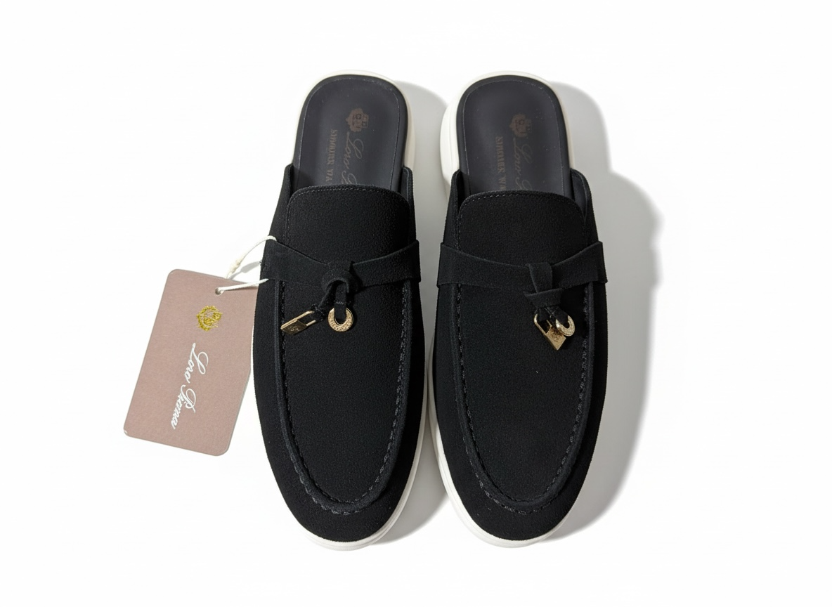 LORO PIANA Style Black Suede Slip-On Loafers 🖤✨ | Gold Detail Edition