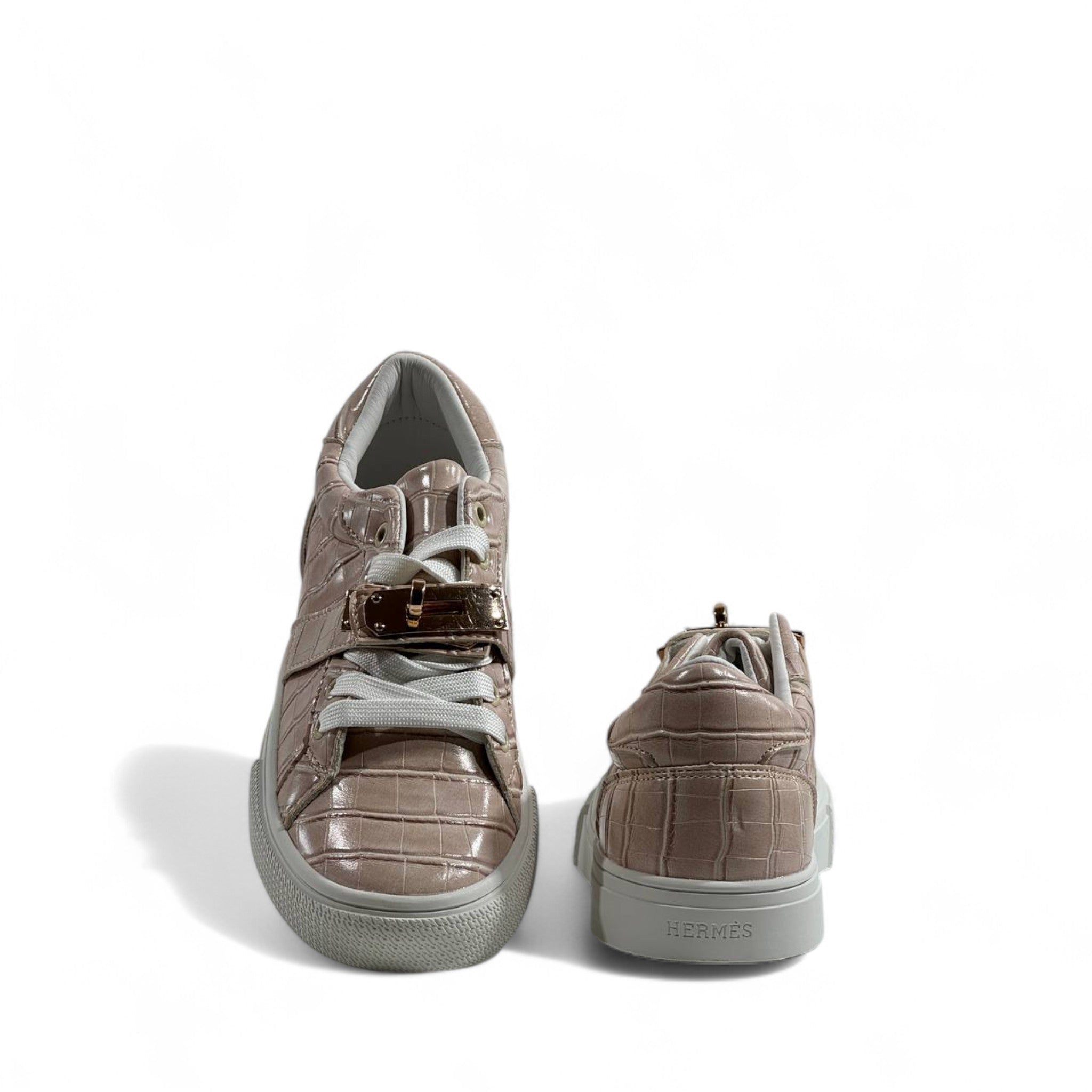 Hermès Beige Croc-Embossed Sneakers with Gold Lock 🤍✨