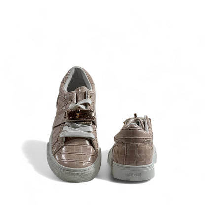 Hermès Beige Croc-Embossed Sneakers with Gold Lock 🤍✨