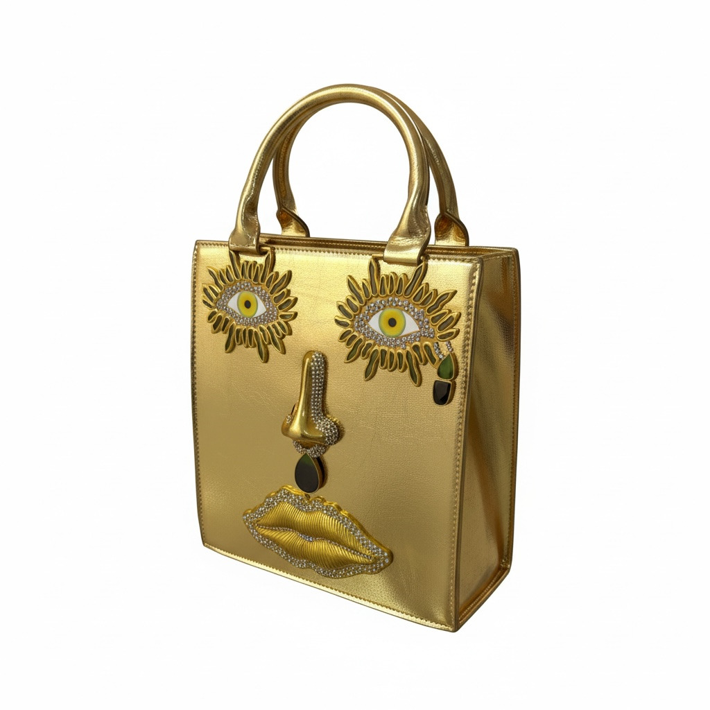 Elsa Schiaparelli Gold Face Motif Metallic Top Handle Bag ✨💛