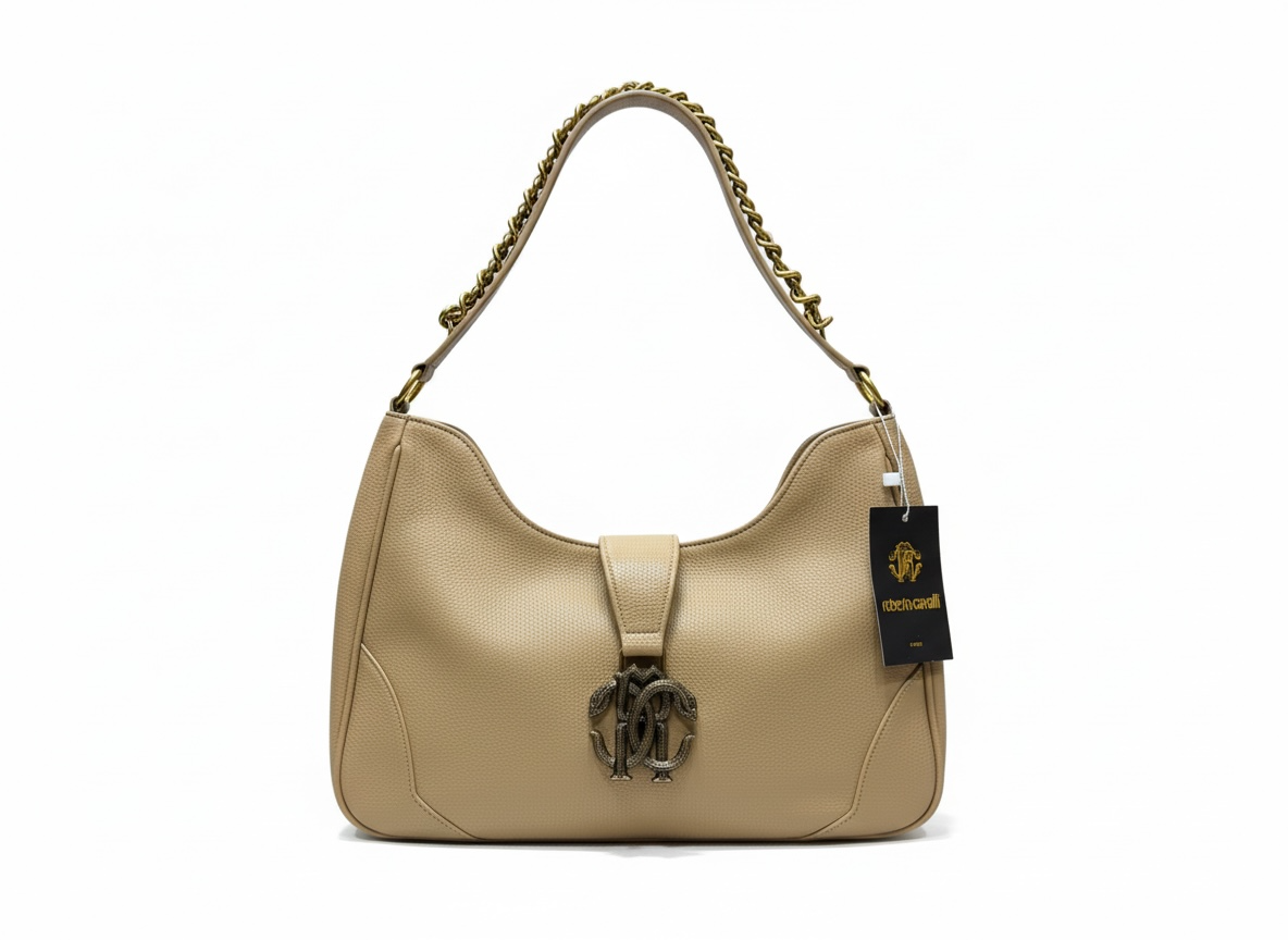 ROBERTO CAVALLI RC Monogram Shoulder Bag – Beige 🤍✨ | Elegant Everyday Luxury