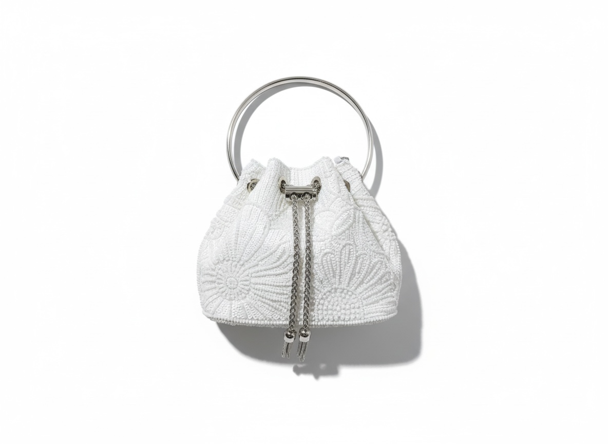 Embroidered Bucket Mini Bag – White Silver 🤍✨ | Elegant Minimal Glam