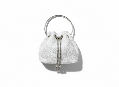 Embroidered Bucket Mini Bag – White Silver 🤍✨ | Elegant Minimal Glam
