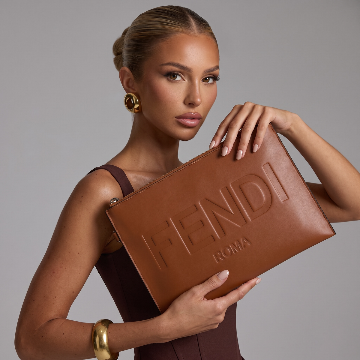 Fendi Roma Large Leather Pouch — Brown