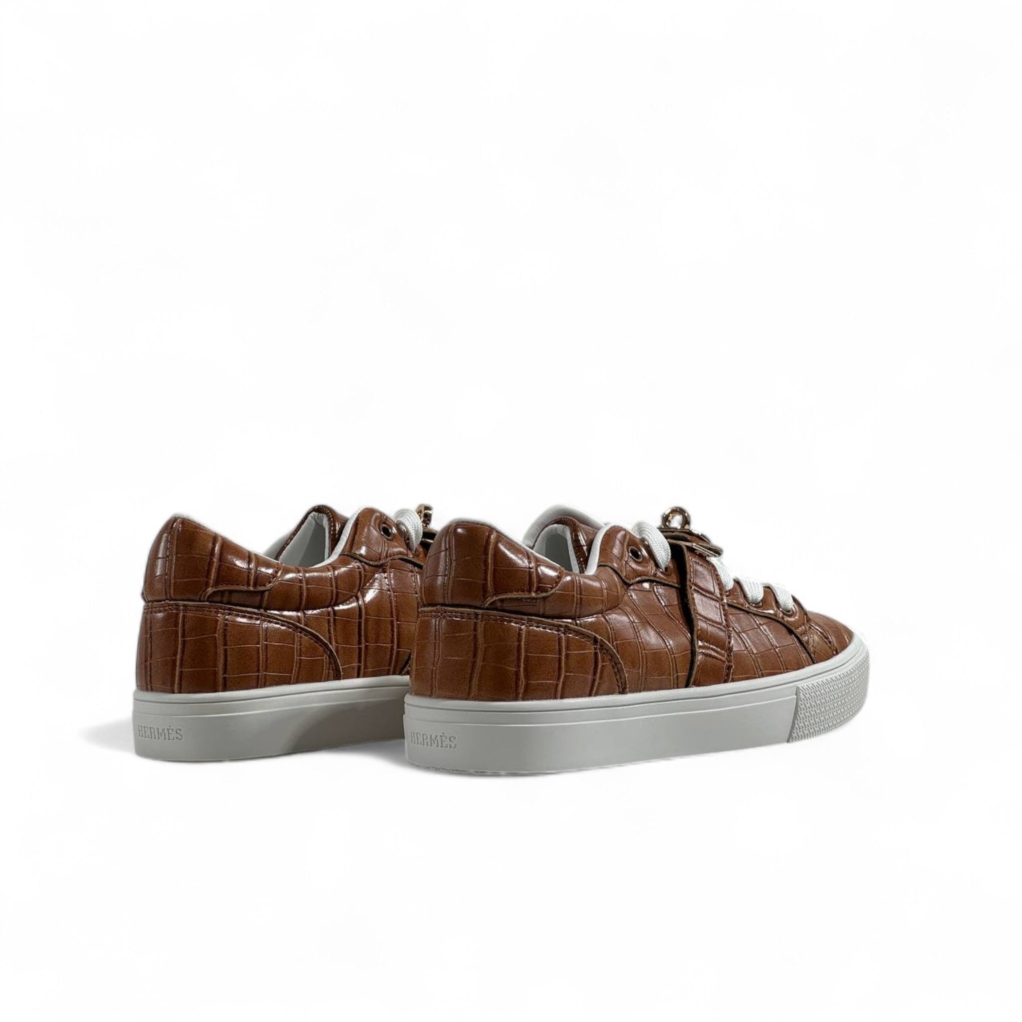 Hermès Brown Croc-Embossed Sneakers with Gold Lock Detail 🤎👟