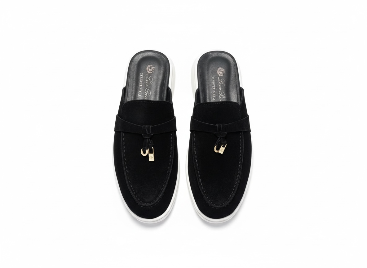 LORO PIANA Style Black Suede Slip-On Loafers 🖤✨ | Gold Detail Edition