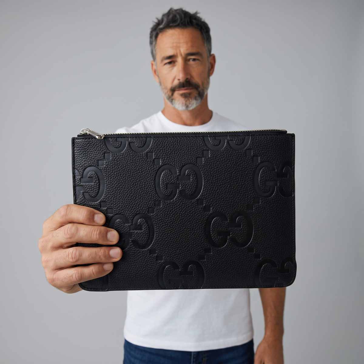 Gucci Jumbo GG Leather Zip Pouch — Black