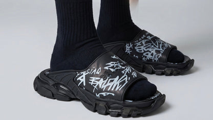 Balenciaga Black Graffiti Chunky Slides – Bold Streetwear Slippers ⚫🔥