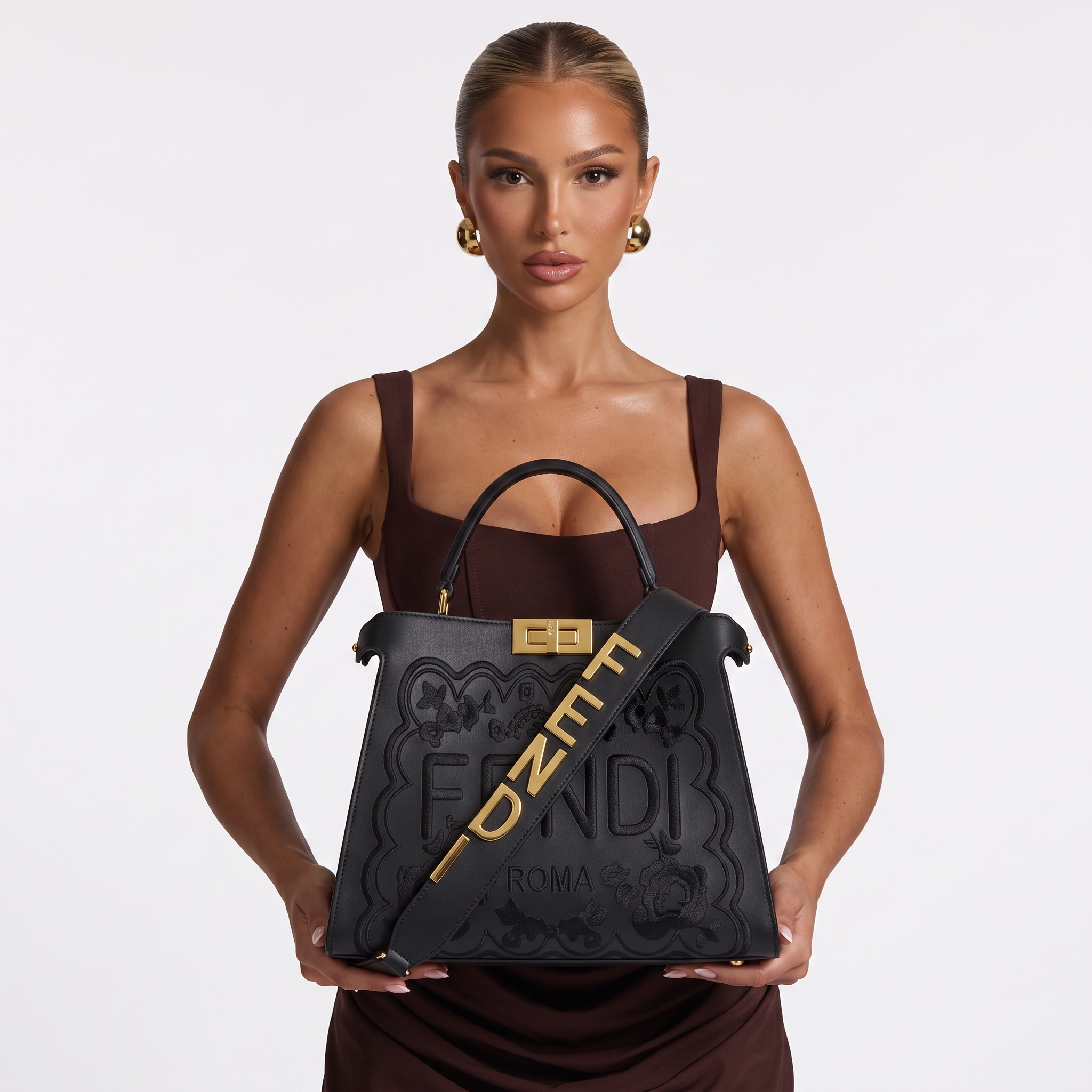 Fendi Roma Black Embossed Handbag 🖤✨ | Luxury Statement Bag