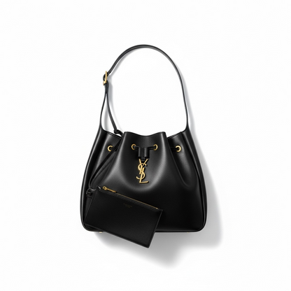 YSL Black Leather Shoulder Bag with Matching Pouch – Classic Drawstring Luxury 🖤✨