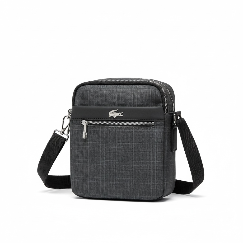 🐊 Lacoste Charcoal Check Crossbody Bag – Minimal Style, Maximum Impact