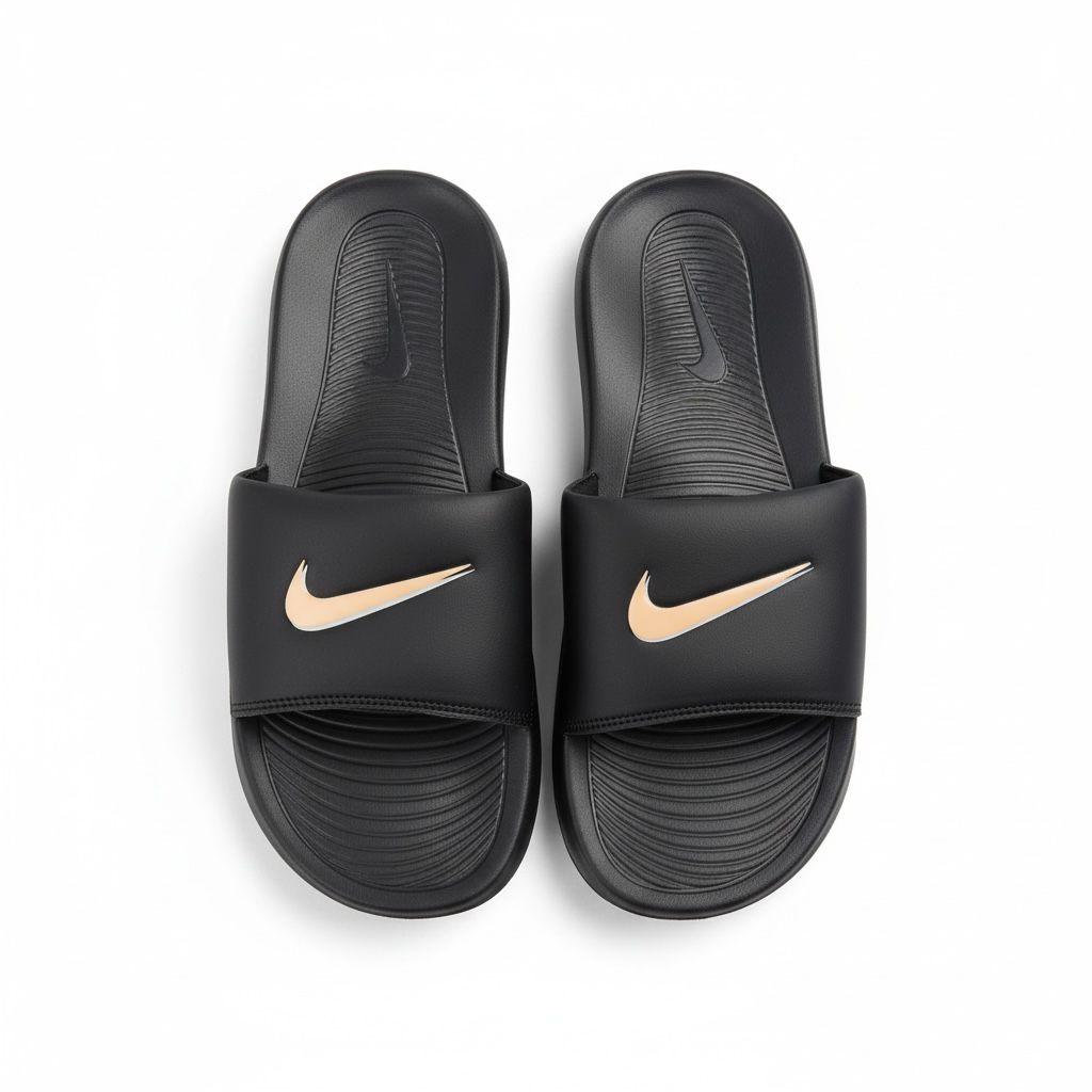 Nike Tech Black & Gold Swoosh Slides – Premium Comfort & Sleek Style