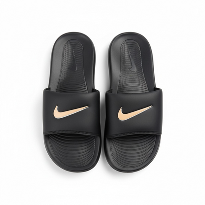 Nike Tech Black & Gold Swoosh Slides – Premium Comfort & Sleek Style