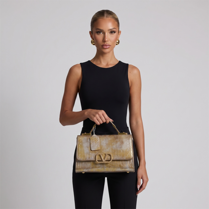Valentino Garavani Croc-Embossed Golden Bronze VLogo Bag