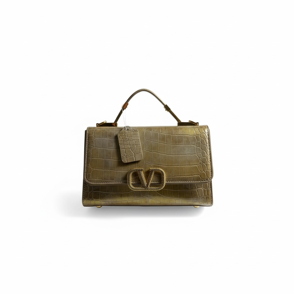 Valentino Garavani Croc-Embossed Golden Bronze VLogo Bag