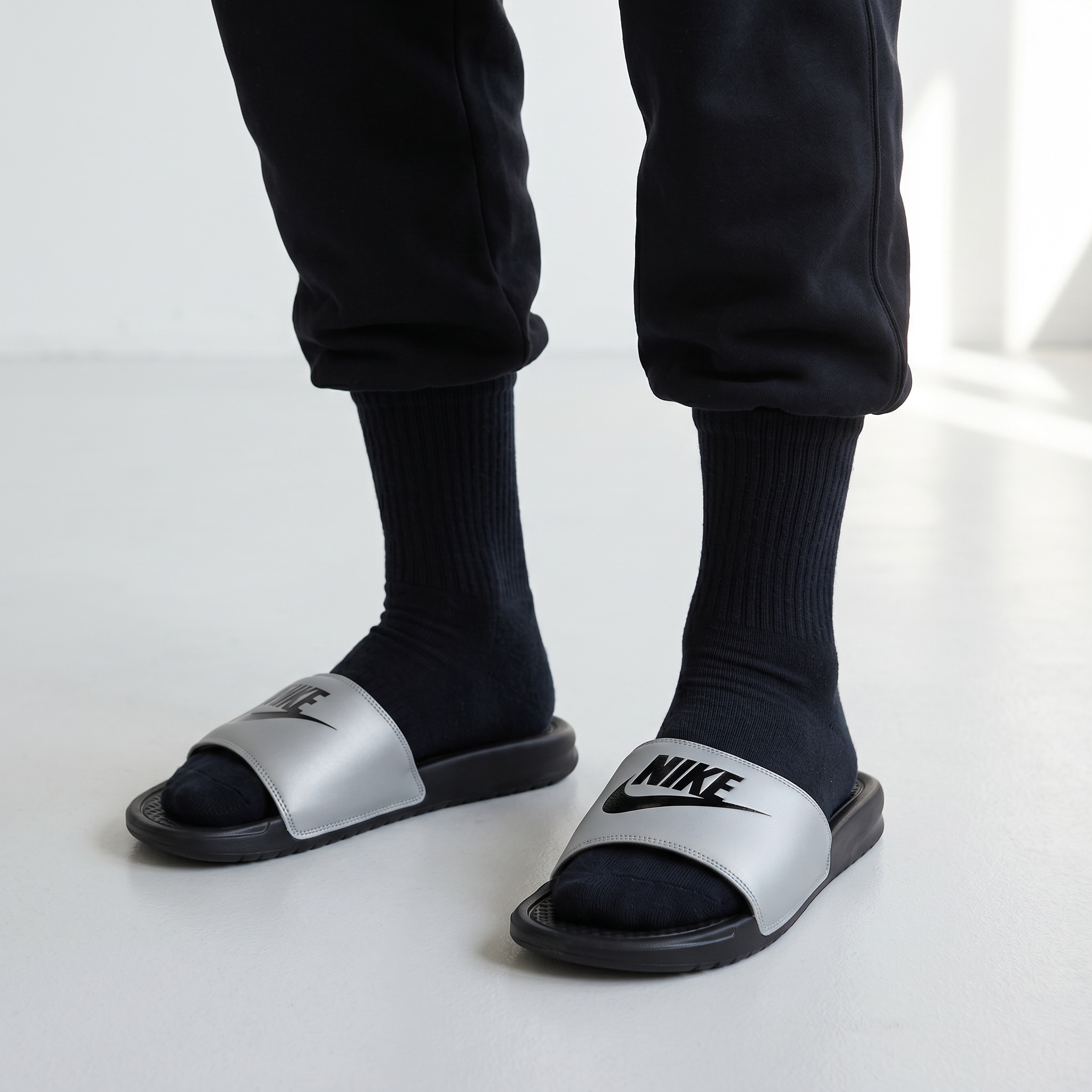 NIKE Comfort Slides – Grey & Black Edition 🖤⚡