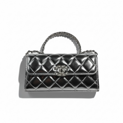🤍 Chanel Quilted Patent Top-Handle Bag 🪞✨ | Silver Luxe Edition