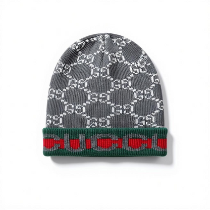 🩶 Gucci Grey GG Knit Beanie with Green & Red Trim | Luxury Winter Hat