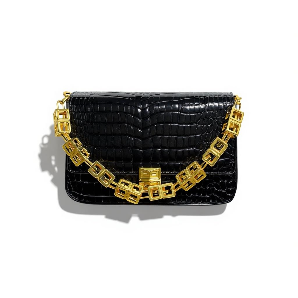 🖤 Givenchy Croc-Embossed Black Bag | Gold Chain Luxury Shoulder Bag ✨👜