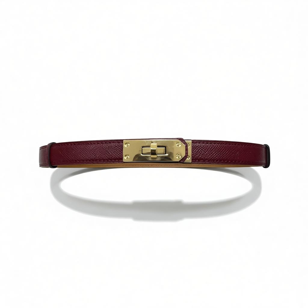 Hermès Burgundy Slim Leather Belt with Gold Kelly Lock Buckle ✨🍷
