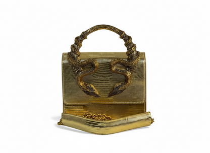 Roberto Cavalli Gold Lizard-Effect Bag with Sculpted Snake Handle 🐍✨ | Daring Luxury & Italian Glamour