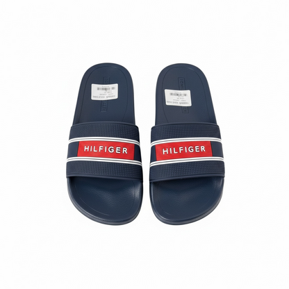 Tommy Hilfiger Navy Slides – Red Logo Strap, Classic Comfort