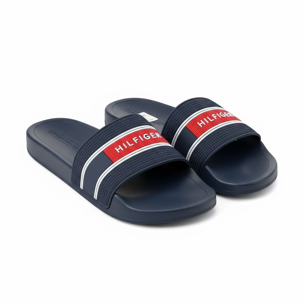 Tommy Hilfiger Navy Slides – Red Logo Strap, Classic Comfort