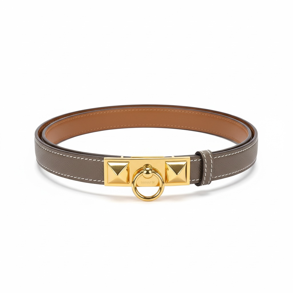 Hermès Leather Belt with Gold Ring & Pyramid Stud Buckle