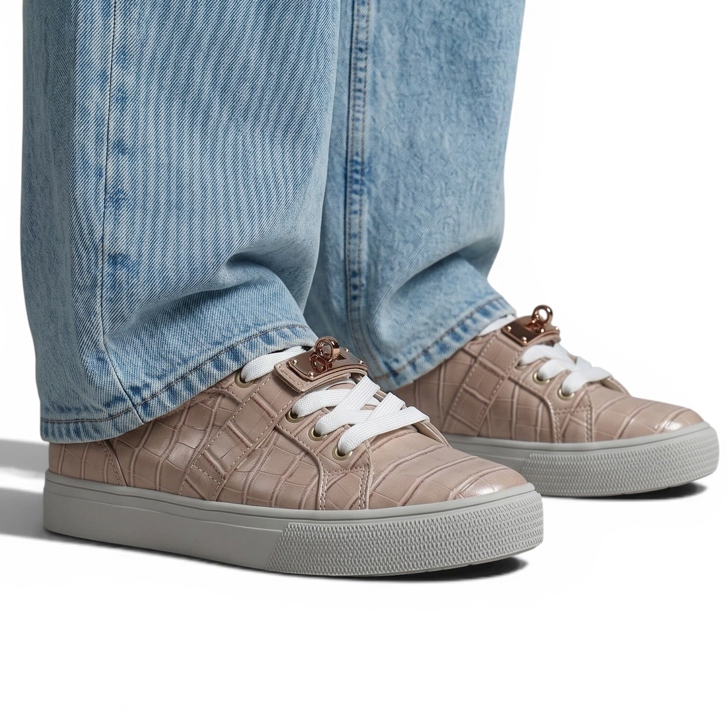 Hermès Beige Croc-Embossed Sneakers with Gold Lock