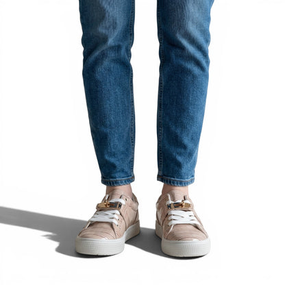 Hermès Beige Croc-Embossed Sneakers with Gold Lock
