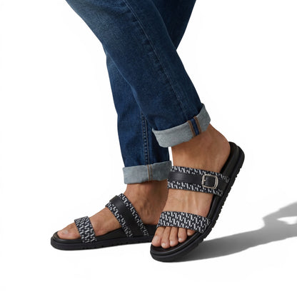 Hermès-Inspired Patterned Slippers with Buckle & Box | Black & White Minimalist Slide