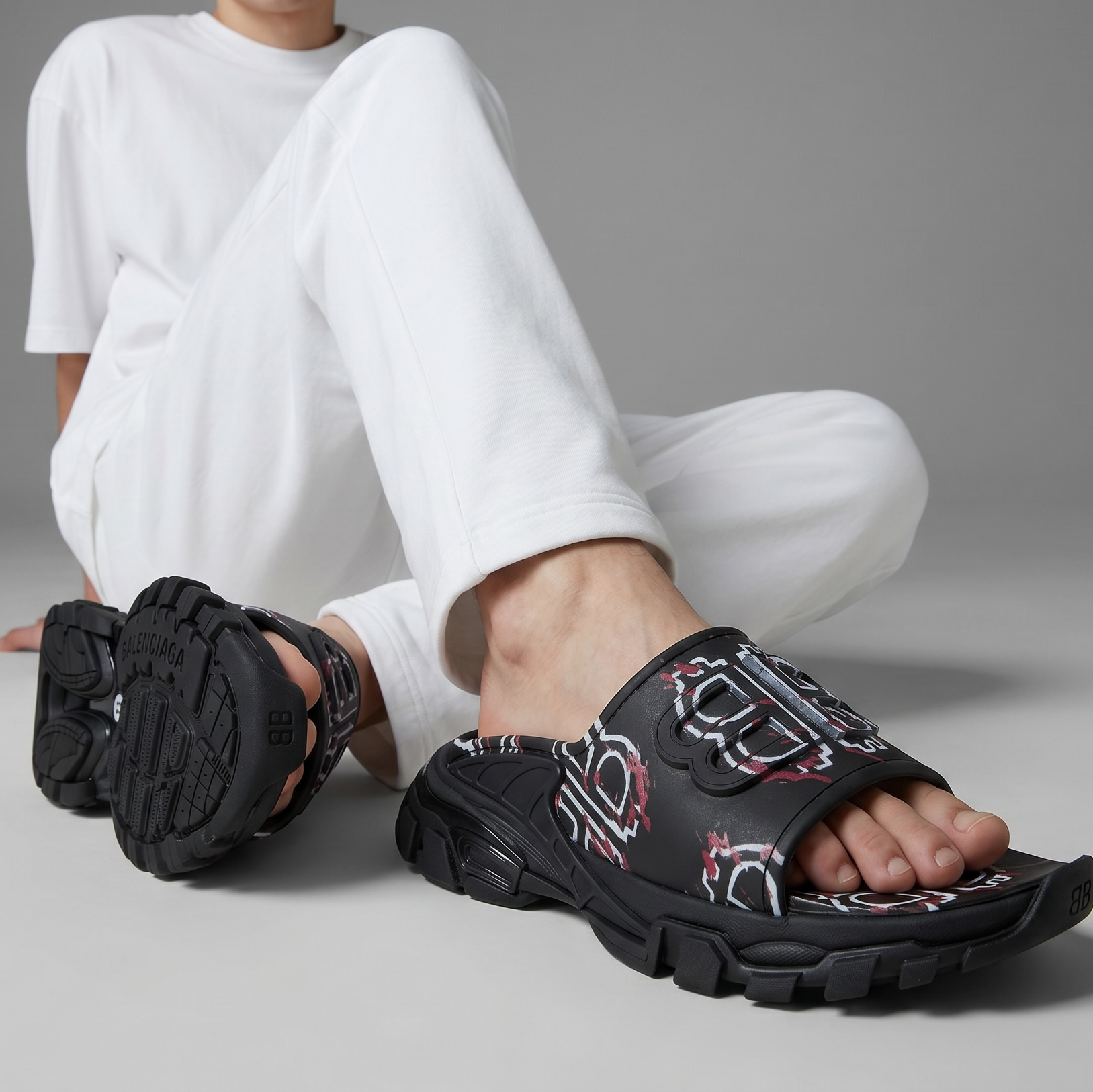 BALENCIAGA Luxury Graphic Slide Sandals – BB Logo Print & Chunky Streetwear Sole 👟🔥